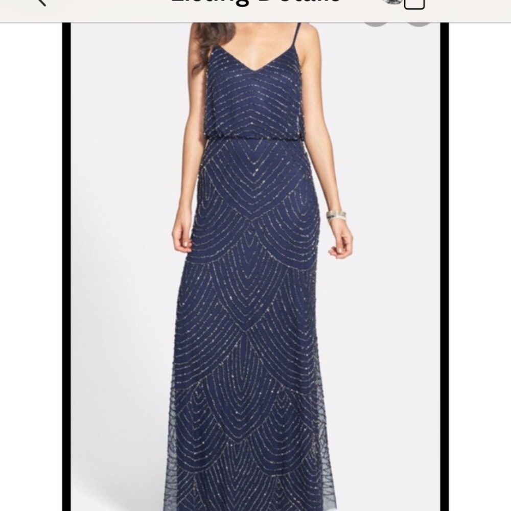 Adrianna Papell Navy Art Deco Blouson Beaded Gown